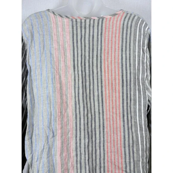 FLAX Linen Stripe Top L Made in Lithuania Blue Red Oversized Boxy Coastal Boho - Picture 11 of 11